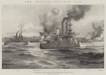 A guerra hispano-americana, a destruição da frota do almirante Cervera nos arredores de Santiago em 3 de julho